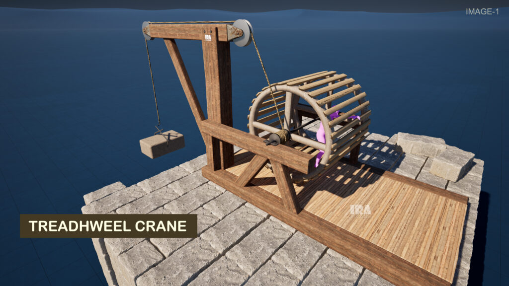 3D rendered image of a medieval treadwheel crane