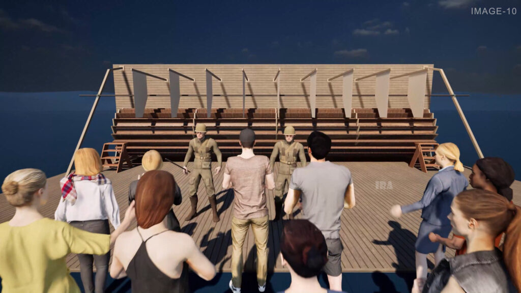 3D render depicting public protest and official ban of the treadwheel punishment in prisons