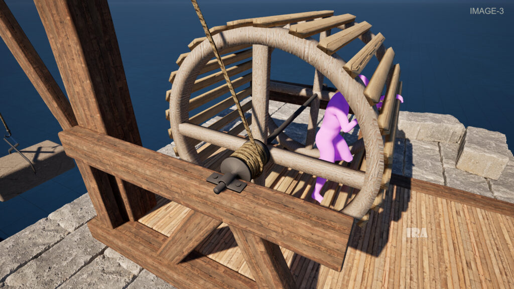 3D rendered image of a medieval treadwheel crane