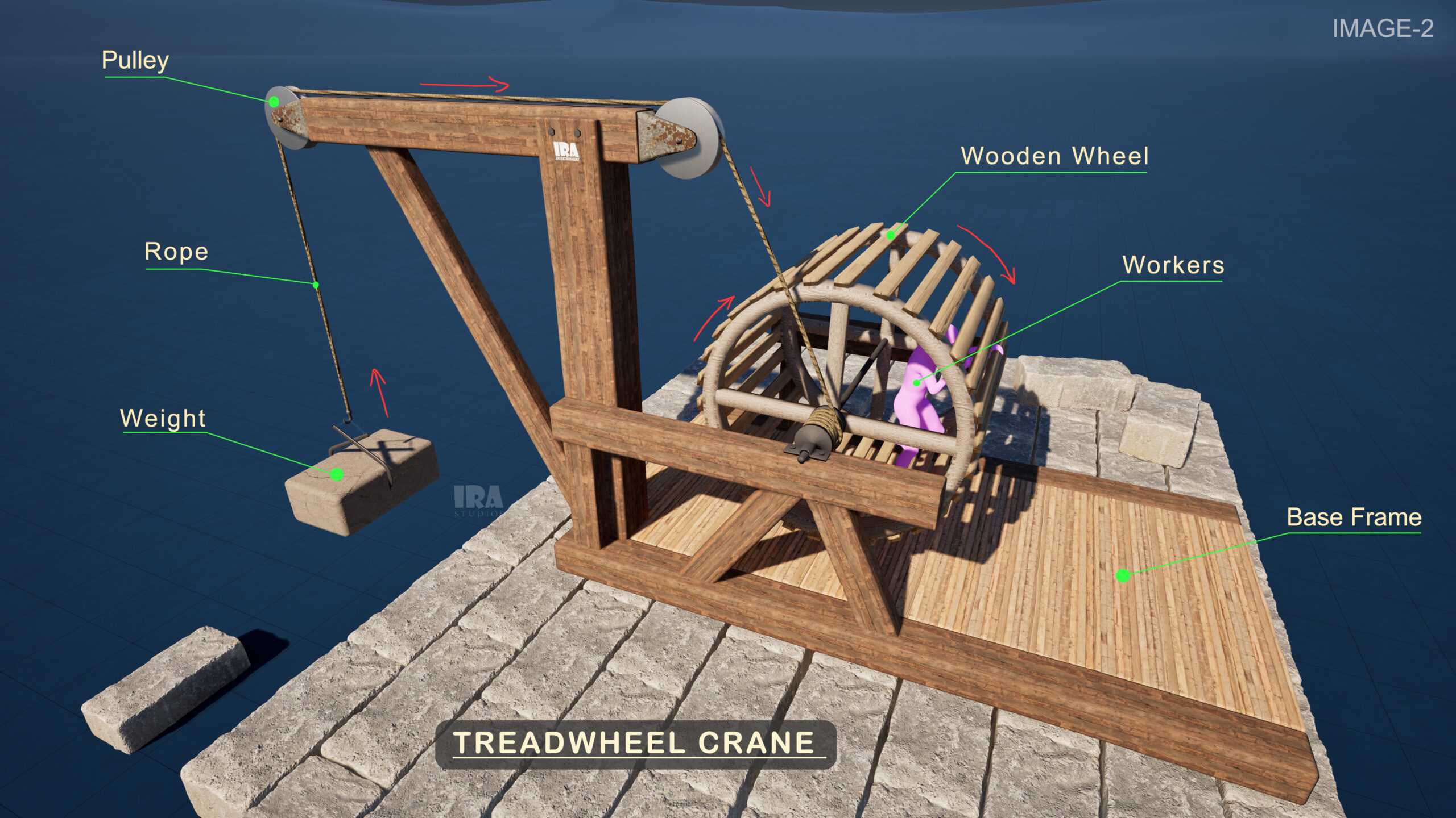 3D render of a treadwheel crane lifting construction materials at a medieval fort building site