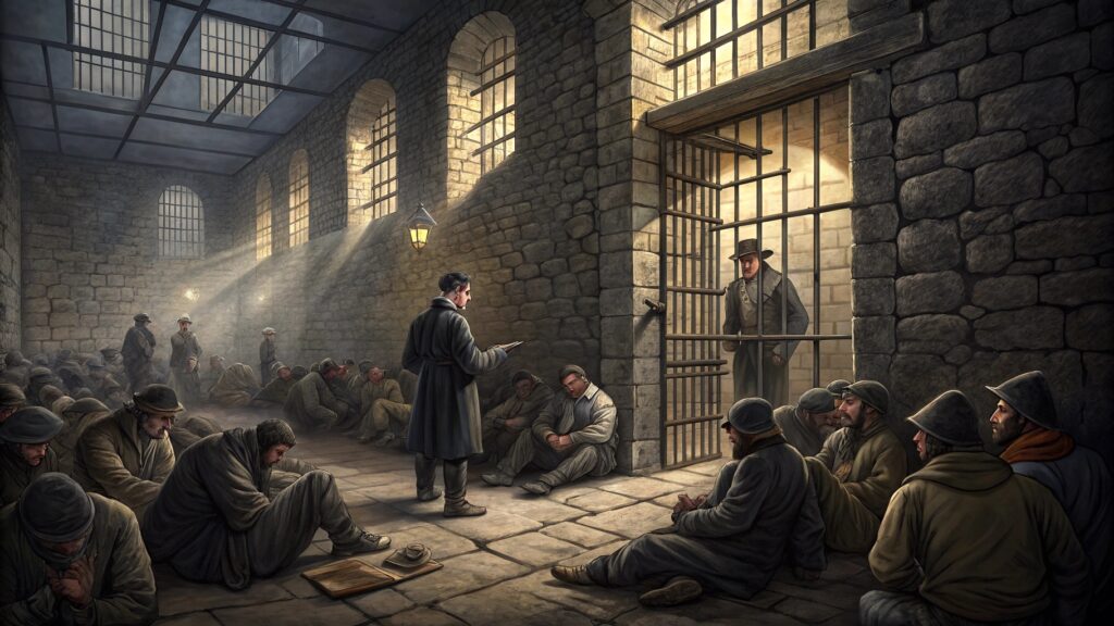 AI-generated image of an overcrowded British jail in the 1800s with poor living conditions