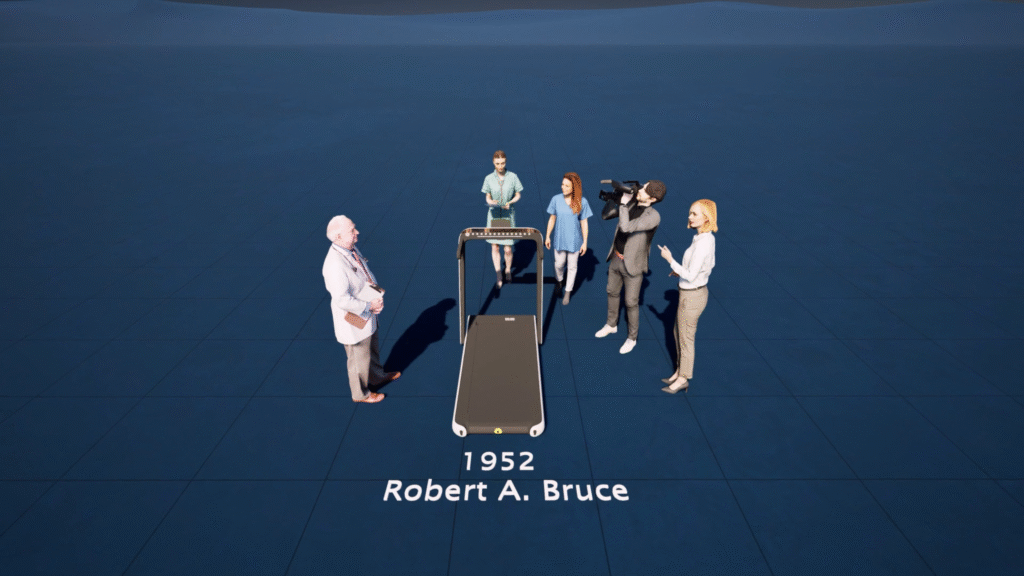 3D render of Dr. Robert A. Bruce with the first motorized treadmill used for cardiac stress testing in 1952