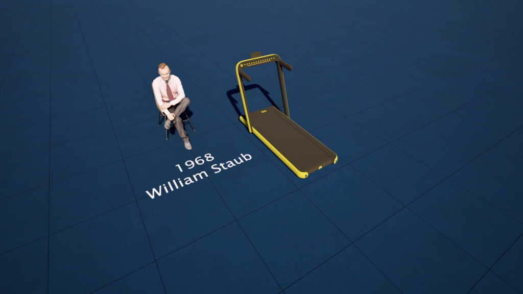 3D render of American engineer William Staub with the Pace Master 600, the first affordable home treadmill created in 1968