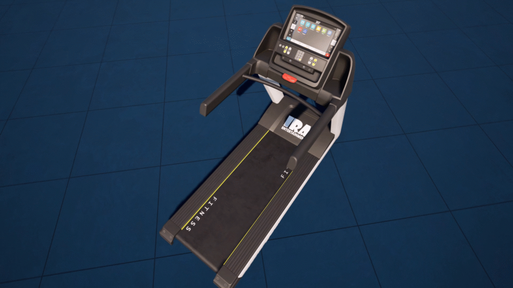 3D render of a modern treadmill with digital display and advanced features
