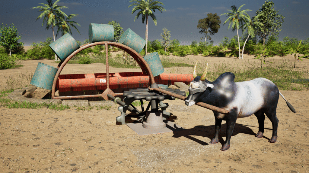 3D rendered image of Persian Wheel showing labeled parts including water containers, gear system, and vertical wheel structure used for traditional irrigation.