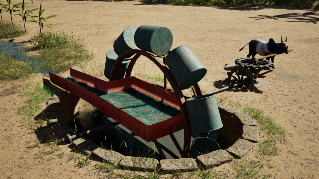 3D render of a traditional Persian Wheel (Saqiyah) used for ancient irrigation, showing water-lifting mechanism with rotating wheel and attached pots.