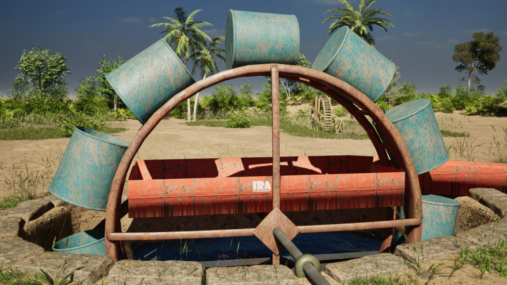 3D rendered image of Persian Wheel showing labeled parts including water containers, gear system, and vertical wheel structure used for traditional irrigation.