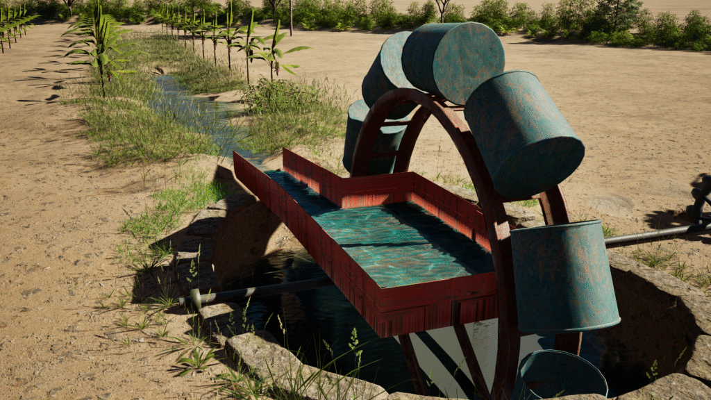 3D render of a traditional Persian Wheel (Saqiyah) used for ancient irrigation, showing water-lifting mechanism with rotating wheel and attached pots.