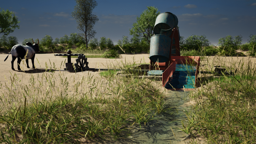 3D render of a traditional Persian Wheel (Saqiyah) used for ancient irrigation, showing water-lifting mechanism with rotating wheel and attached pots.