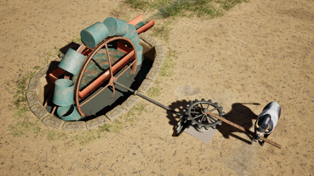 3D render of a traditional Persian Wheel (Saqiyah) used for ancient irrigation, showing water-lifting mechanism with rotating wheel and attached pots.