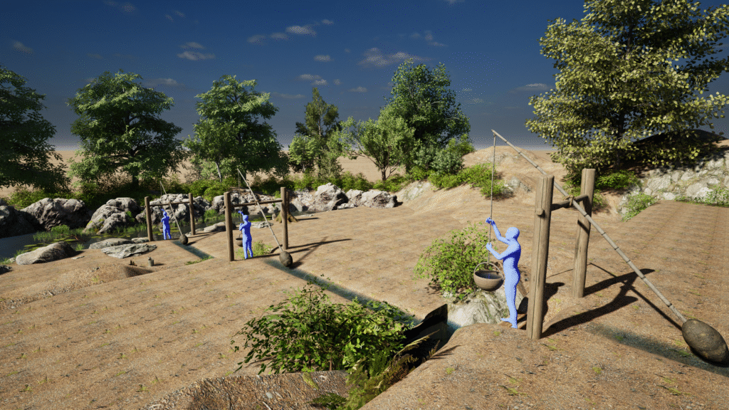 3D render of people operating a multi-level Shadoof system to lift water across multiple elevations for irrigation