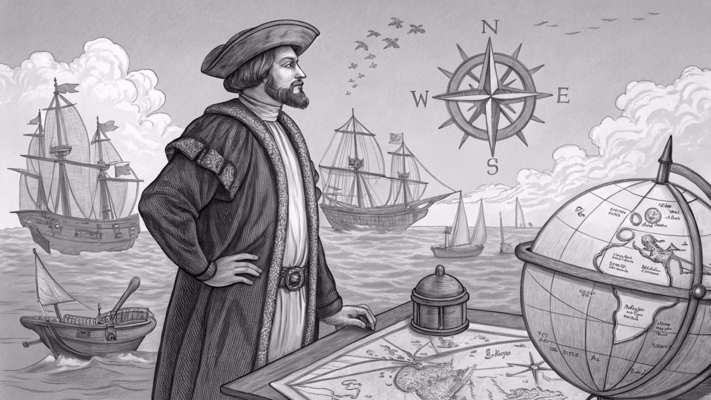 Black and white sketch of Prince Henry the Navigator standing beside a globe and nautical maps, surrounded by ships and compasses in a 15th-century European illustration style.