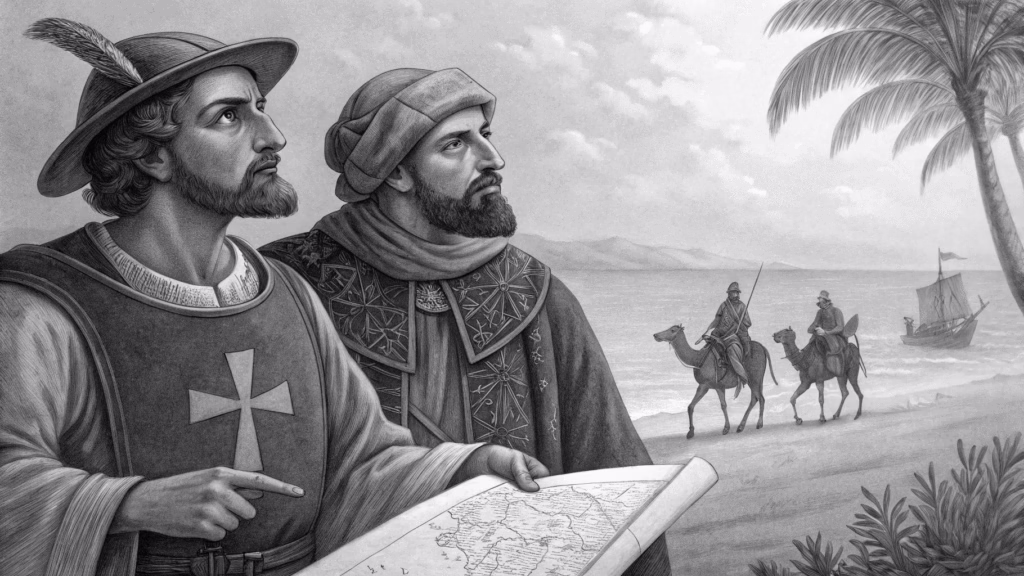 Black and white vintage-style line drawing of 15th-century Portuguese explorers João Peres de Covilhã and Alfonso de Paiva setting off on separate missions—one pointing to the sea with a map, the other riding a camel through the desert.
