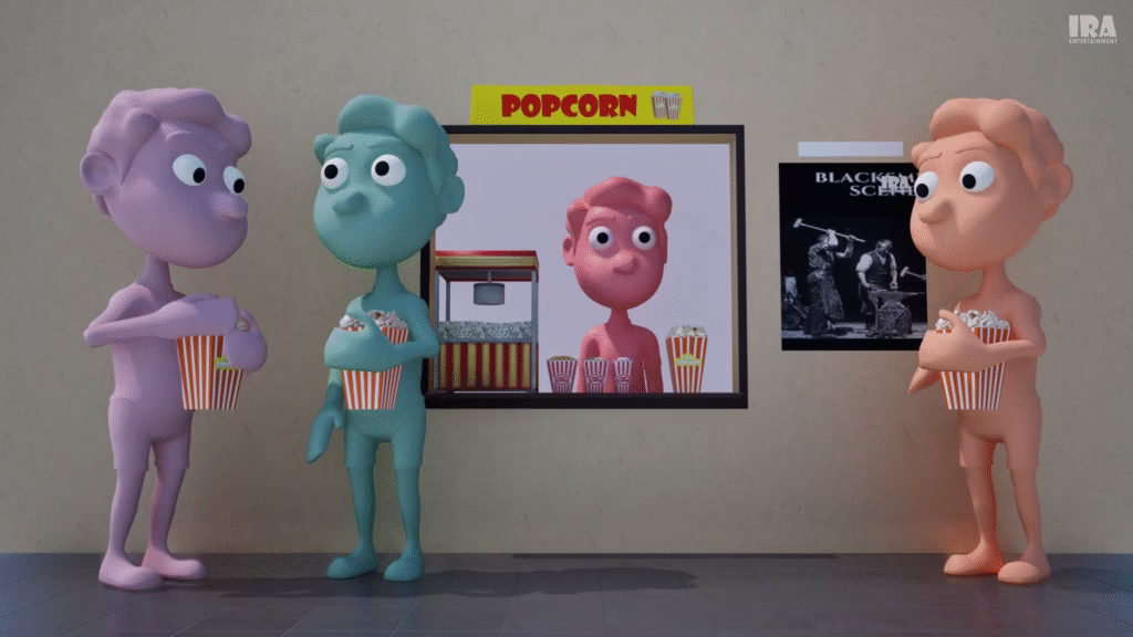 3D render of a popcorn shop inside a theater, featuring a colorful counter with popcorn machines, snack displays, and warm ambient lighting.