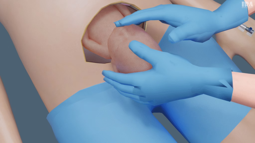 3D medical illustration showing horizontal abdominal incision and cesarean delivery steps with bladder moved aside