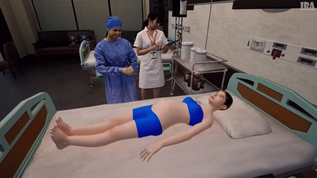 Pregnant woman lying in hospital bed during labor, preparing for childbirth