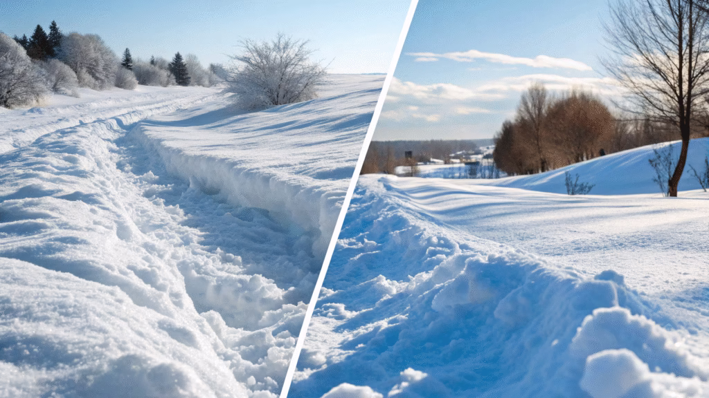 Illustration showing fluffy snow with air pockets absorbing sound compared to compact, melting snow where sound waves bounce back.