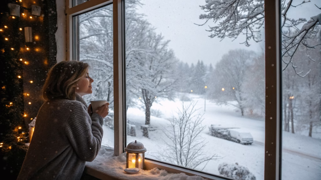 Person indoors enjoying a warm drink while watching peaceful snowfall outside, creating a calm and relaxing atmosphere