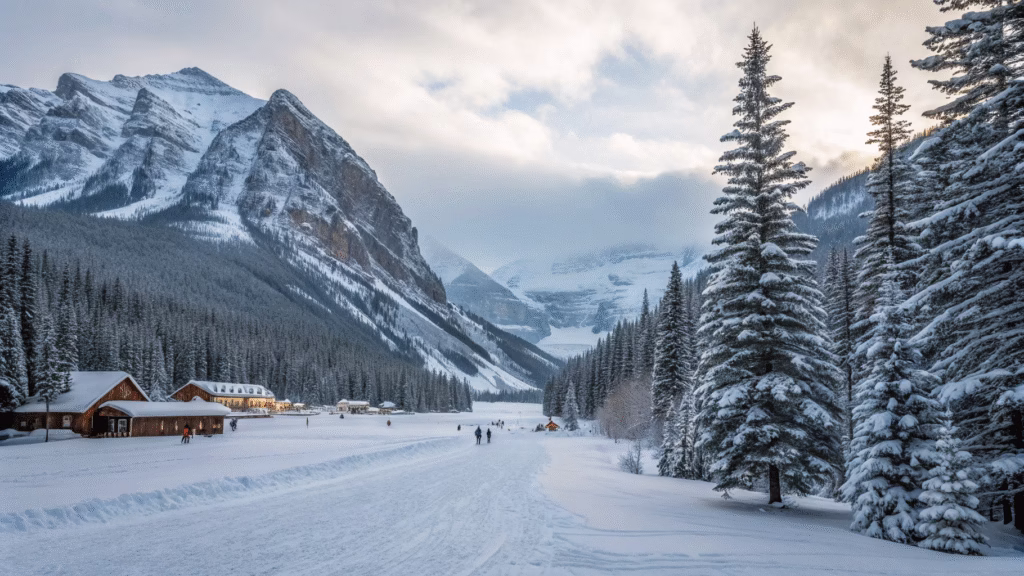 Wide snow-covered ski resort and forest with fresh snow, showing peaceful and quiet winter atmosphere.