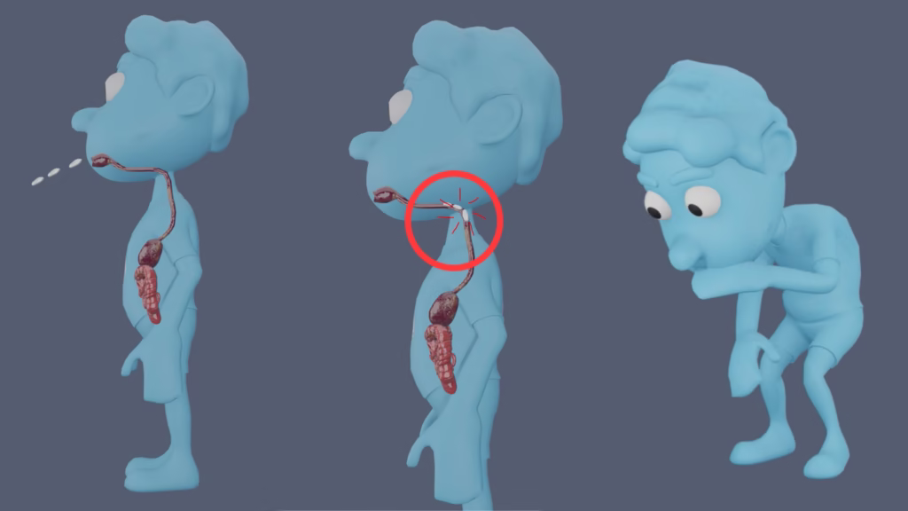 3D illustration of a man eating a large amount of chewing gum, causing a digestive blockage