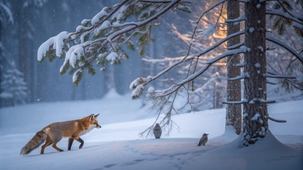 Winter forest scene showing a fox and an owl in a snow-covered landscape, with a cutaway view revealing small mammals living in the subnivean zone beneath the snow.