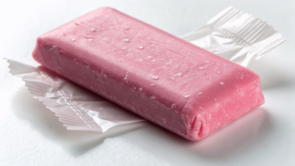 A hyper-realistic piece of pink chewing gum with a glossy, slightly sticky texture, featuring subtle air bubbles and a smooth, pliable surface, set against a clean neutral background with soft lighting.