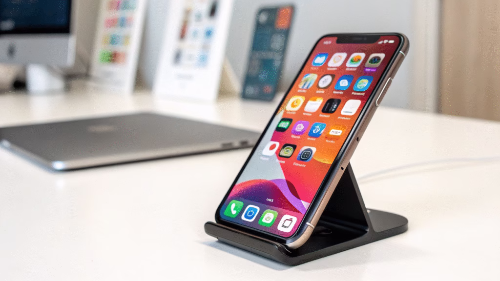 High-quality 3D render of a modern iPhone, showcasing its sleek design and realistic details.