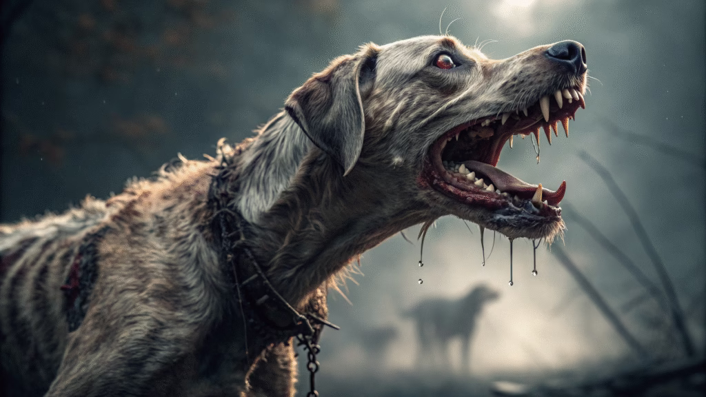 Dog infected with rabies acting aggressively like a zombie