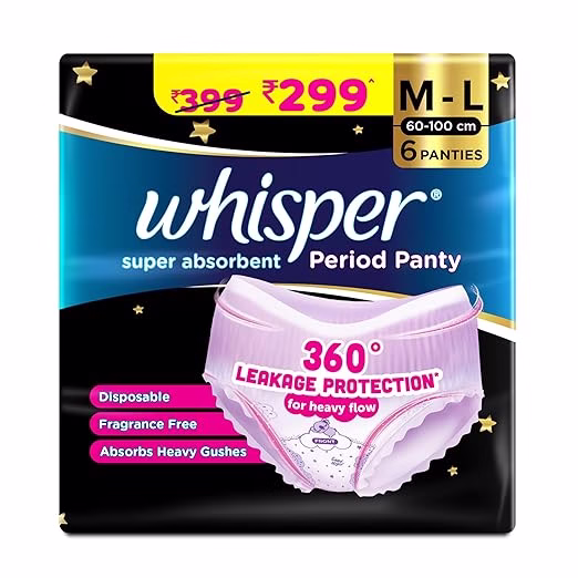 Whisper Super Absorbent Period Panty, 6 M-L Pants, 360 Degree Leakage Protection for Heavy Flow, Panty like Fit for Full back Coverage, Absorbs Heavy Gushes, Silky Soft, Comfortable Feel, Women