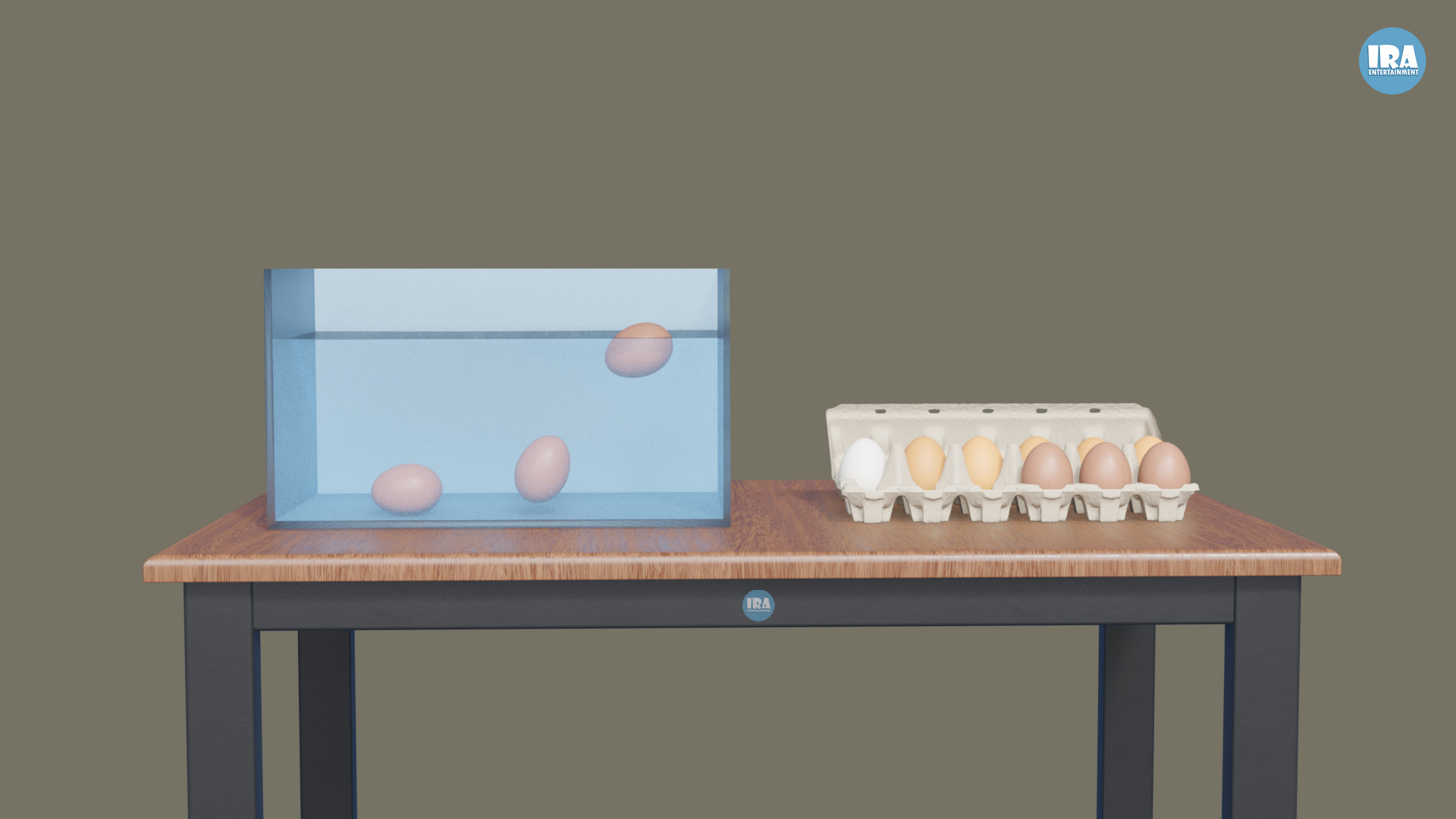 3D illustration showing the egg water test with fresh eggs sinking, older eggs standing upright, and spoiled eggs floating in a bowl of water
