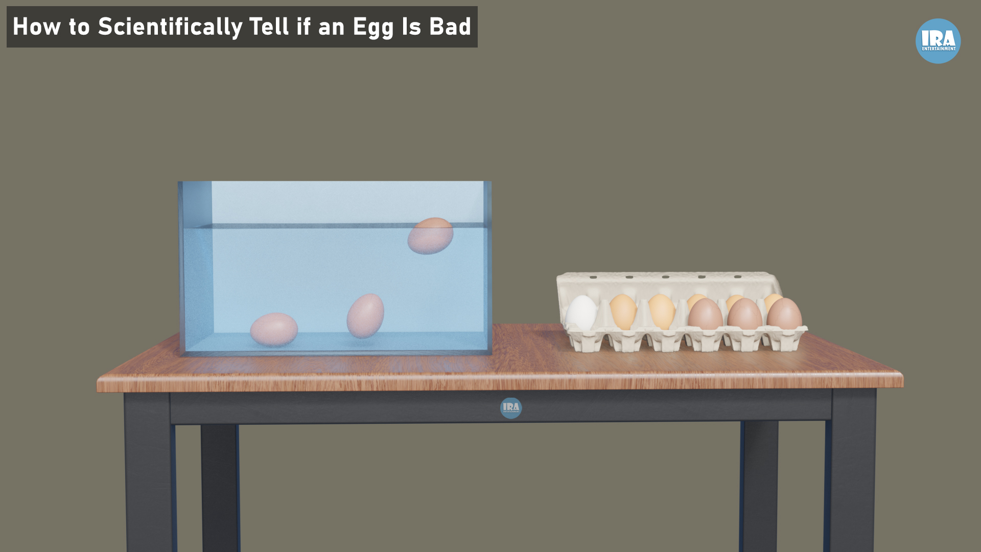 3D illustration showing the egg water test with fresh eggs sinking, older eggs standing upright, and spoiled eggs floating in a bowl of water