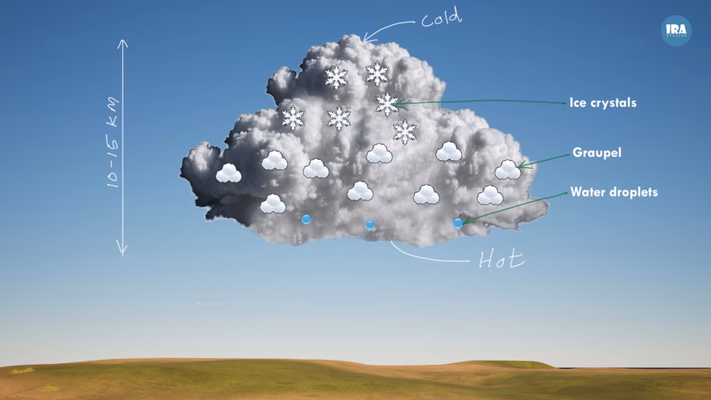 Tall cumulonimbus thunderstorm cloud showing warm lower layer, cold upper layer, and internal ice crystals, water droplets, and graupel particles leading to electrical buildup