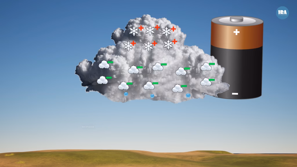 Thunderstorm cloud acting as a natural electrical system showing positive charge at the top, negative charge at the bottom, and induced positive charge on the ground creating a strong electric field between cloud and Earth